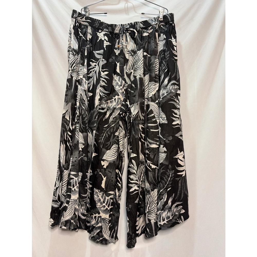 Collections Etc Tropical Leaf Print Wide Leg Pants Black White Cotton XL